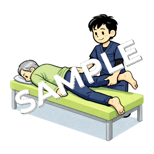 股関節伸展のMMT評価を行う男性理学療法士のイラスト