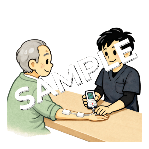 患者の前腕に低周波刺激を与えて治療する男性作業療法士のイラスト