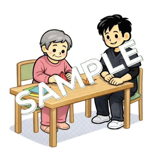 折り紙を折る患者と男性作業療法士のイラスト