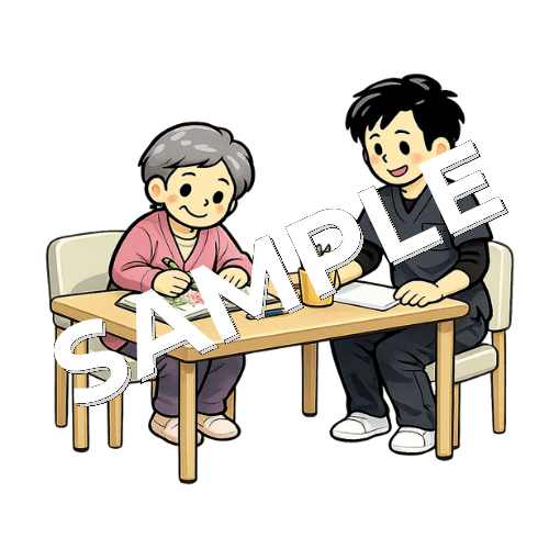 塗り絵をする患者と男性作業療法士のイラスト