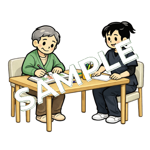 塗り絵をする患者と女性作業療法士のイラスト