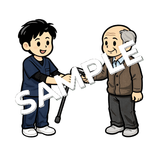 患者に杖を手渡す男性理学療法士のイラスト