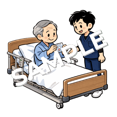 一包化された薬を持つ患者と男性理学療法士のイラスト