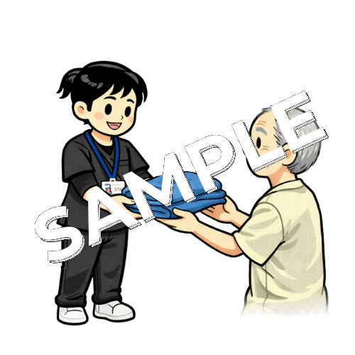 患者に着替えを手渡す女性作業療法士のイラスト