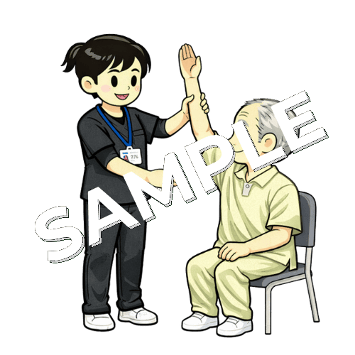 患者の肩関節屈曲の動きを確認する女性作業療法士のイラスト