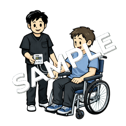 車椅子患者の前腕に低周波刺激治療を行う男性作業療法士のイラスト