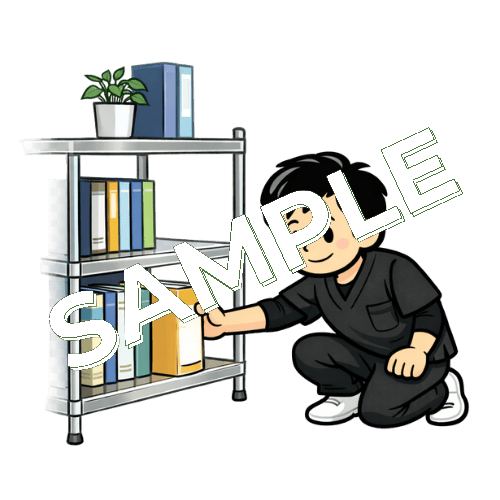 棚から専門書を取り出す男性作業療法士のイラスト