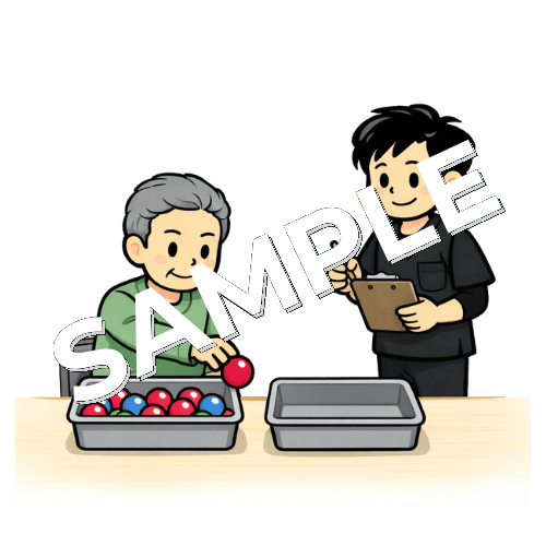 ボールを移動させる訓練をする患者と男性作業療法士のイラスト