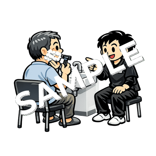 髭を剃る患者と剃り残しを伝える男性作業療法士のイラスト