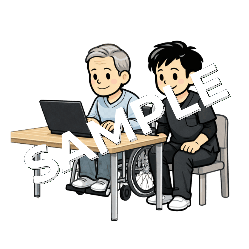 タイピング訓練を行う患者と男性作業療法士のイラスト