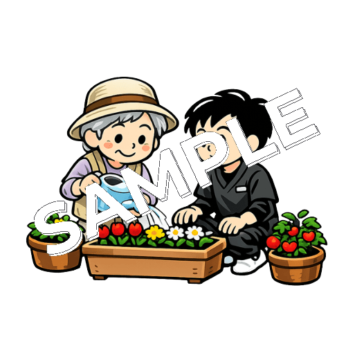 園芸療法を行う患者と男性作業療法士のイラスト