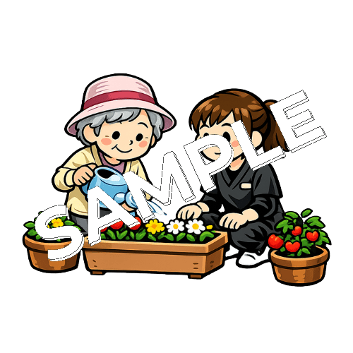 園芸療法を行う患者と女性作業療法士のイラスト