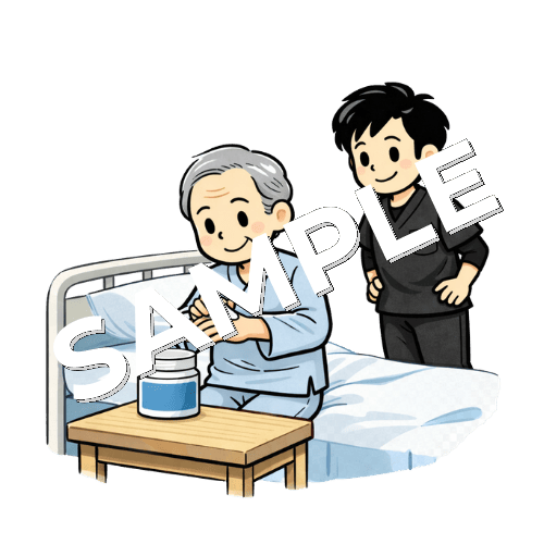 保湿クリームを塗る患者と男性作業療法士のイラスト