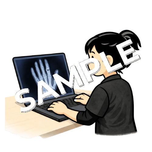 手のレントゲンを確認する女性作業療法士のイラスト