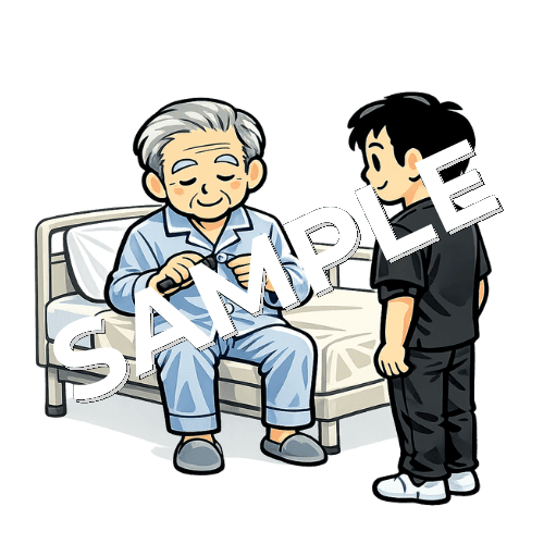 ボタンエイドでパジャマのボタンを留める患者と男性作業療法士のイラスト