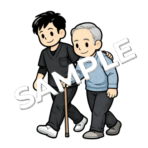 杖歩行患者の介助をする男性作業療法士のイラスト