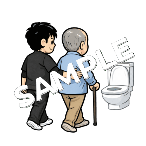 患者をトイレ誘導する男性作業療法士のイラスト