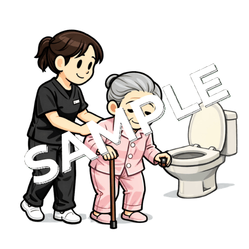 患者をトイレ誘導する女性作業療法士のイラスト