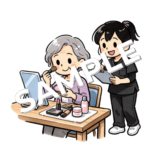 化粧をする患者と整容動作評価をする女性作業療法士のイラスト