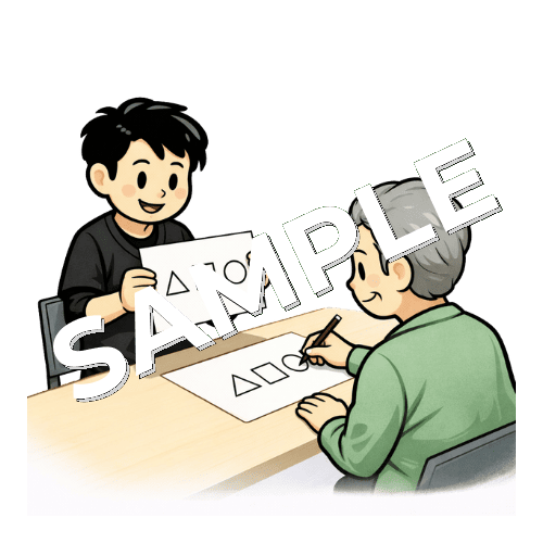図形を模写する患者と男性作業療法士のイラスト