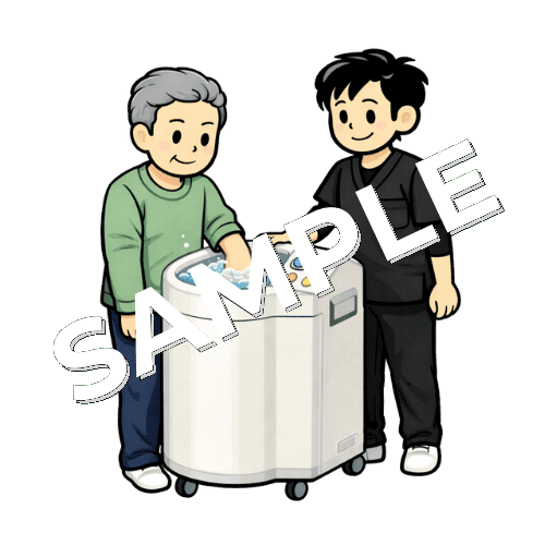 上肢の渦流浴をする患者と男性作業療法士のイラスト