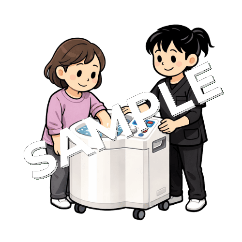 上肢の渦流浴をする患者と女性作業療法士のイラスト