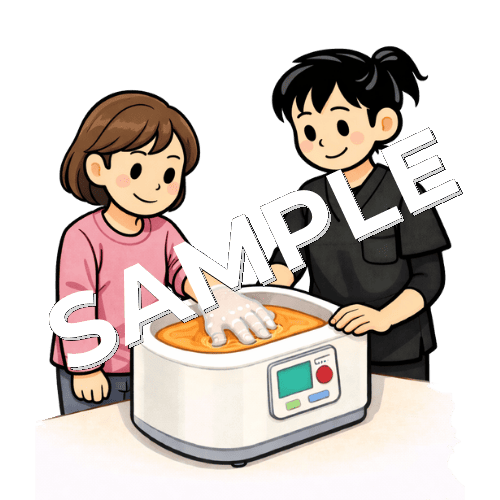 パラフィン浴で患者の手の治療をする女性作業療法士のイラスト