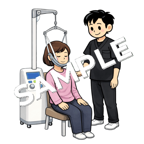 患者の頸椎を牽引する男性作業療法士のイラスト