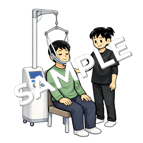 患者の頸椎を牽引する女性作業療法士のイラスト