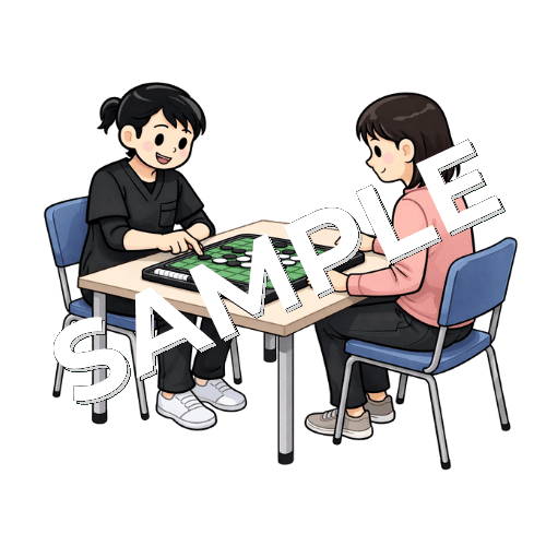 患者とオセロをする女性作業療法士のイラスト