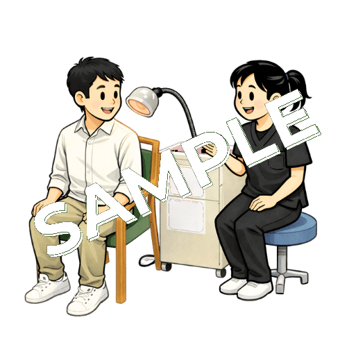 マイクロ波治療を行う患者と女性作業療法士のイラスト