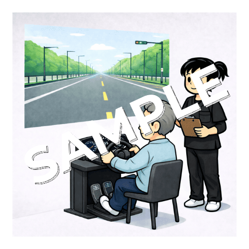 運転のシミュレーションをする患者とそれを評価する女性作業療法士のイラスト