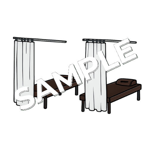 ブラウンの施術ベッドと仕切りカーテンのイラスト
