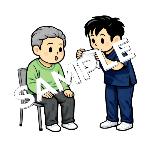 口すぼめ呼吸をしている患者と男性理学療法士のイラスト