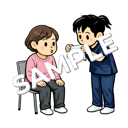 口すぼめ呼吸をしている患者と女性理学療法士のイラスト