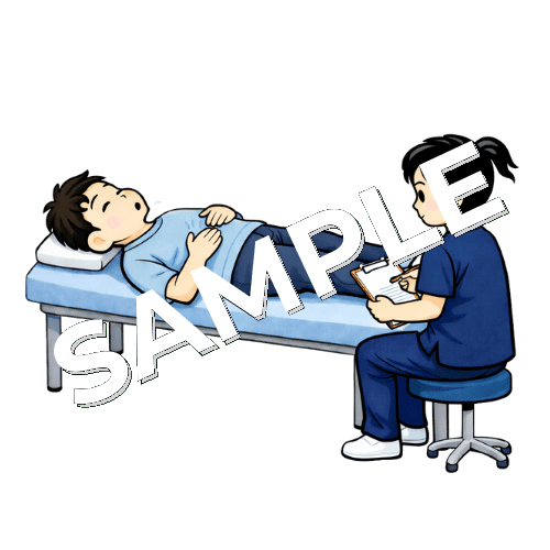 ドローインをしている患者と女性理学療法士のイラスト