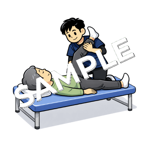 患者の下肢伸展のストレッチをする男性理学療法士のイラスト