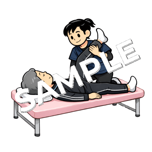 患者の下肢伸展のストレッチをする女性理学療法士のイラスト