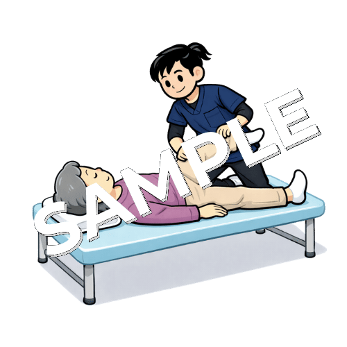 患者の下肢外旋のストレッチをする女性理学療法士のイラスト