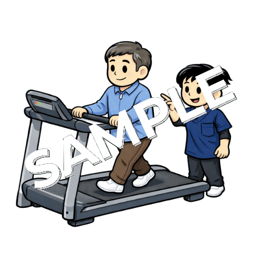 トレッドミルで持久力トレーニングをする患者と声をかける女性理学療法士のイラスト