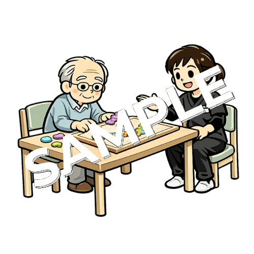 都道府県パズルをする患者と隣で説明する女性作業療法士のイラスト