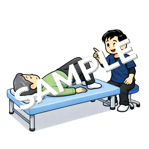 ブリッジで臀筋トレーニングをする患者と男性理学療法士のイラスト