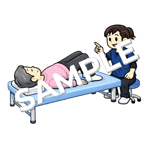 ブリッジで臀筋トレーニングをする患者と女性理学療法士のイラスト