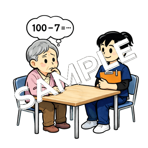 患者の計算能力を評価する女性理学療法士のイラスト