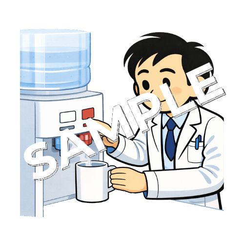 ウォーターサーバからお湯を入れる男性薬剤師のイラスト