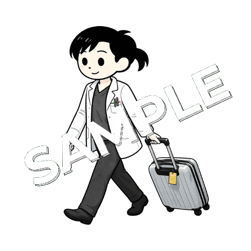 スーツケースを引いて歩く女性薬剤師のイラスト