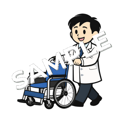 車いすをおす男性薬剤師のイラスト