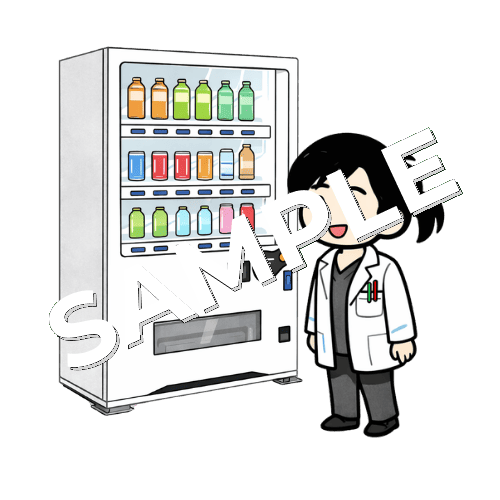 自動販売機の前に立つ女性薬剤師のイラスト