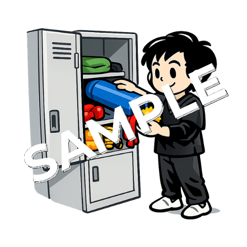 ロッカーにリハビリ物品を片付ける男性作業療法士のイラスト