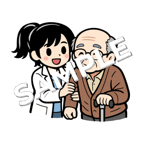 高齢患者を支える女性薬剤師のイラスト